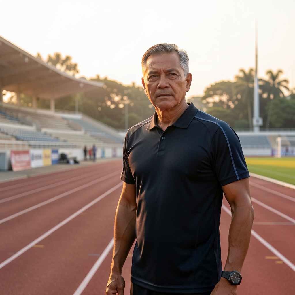 Mature male endurance athlete standing beside a Jakarta training track at first light with a calm focused expression