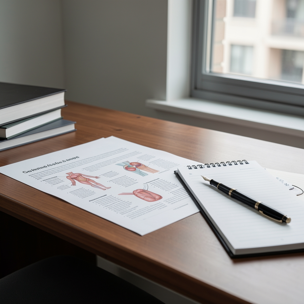 Editorial desk with printed physiology studies, fountain pen, and structured notes beside a window