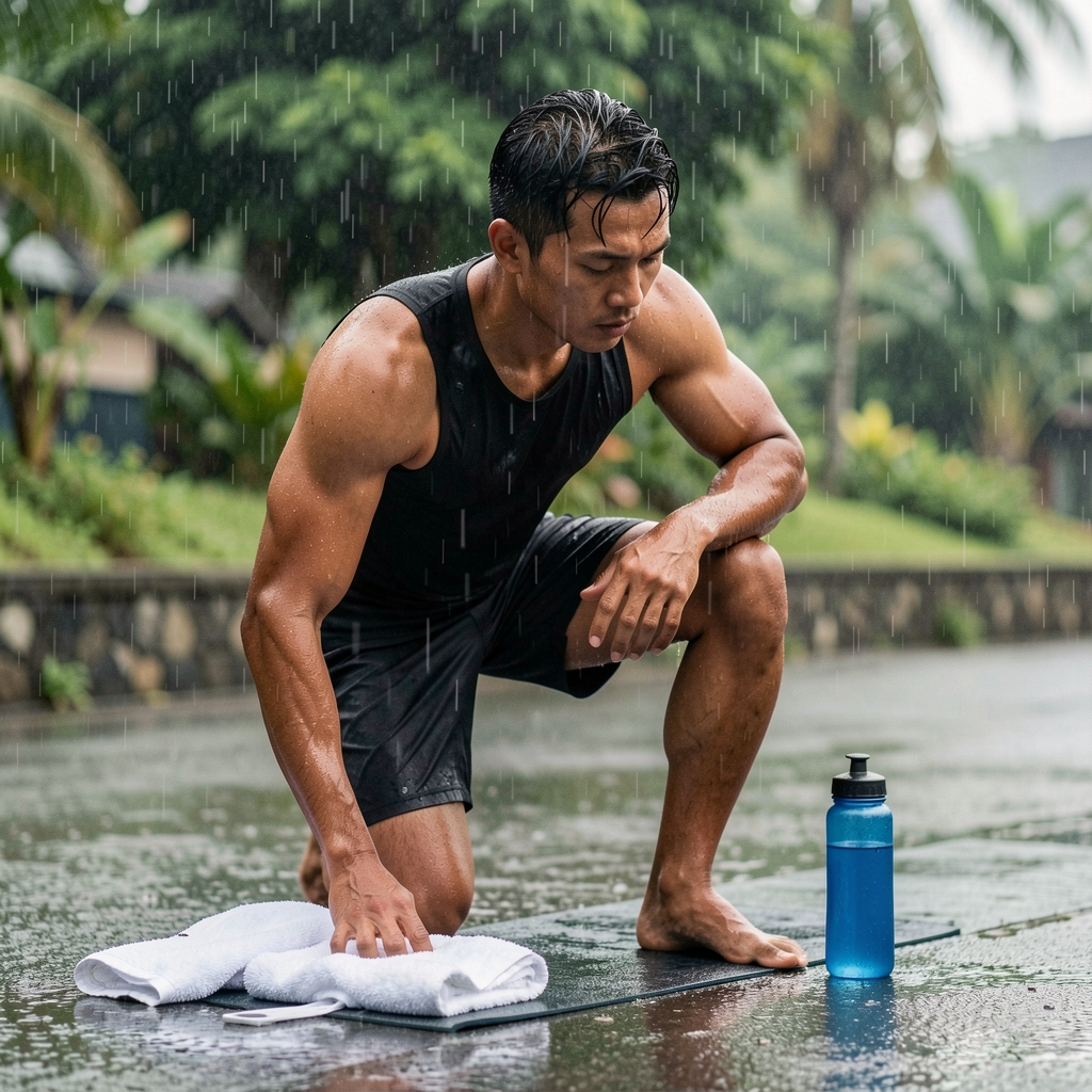 Endurance athlete training carefully in humid Jakarta conditions with towel and water bottle nearby