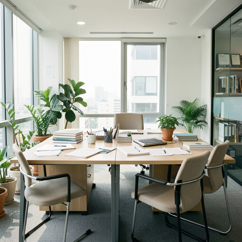 Bright modest editorial office in Jakarta with plants, research notes, and two empty visitor chairs