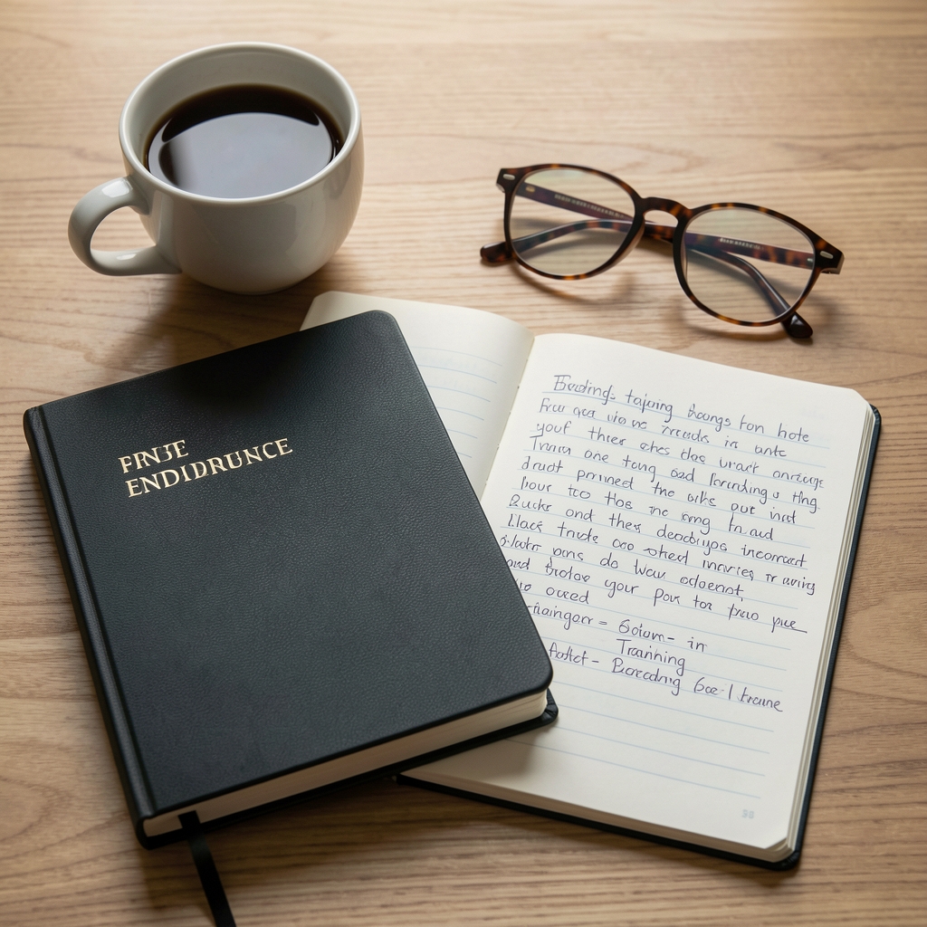 Printed endurance journal beside coffee, reading glasses, and a handwritten training plan