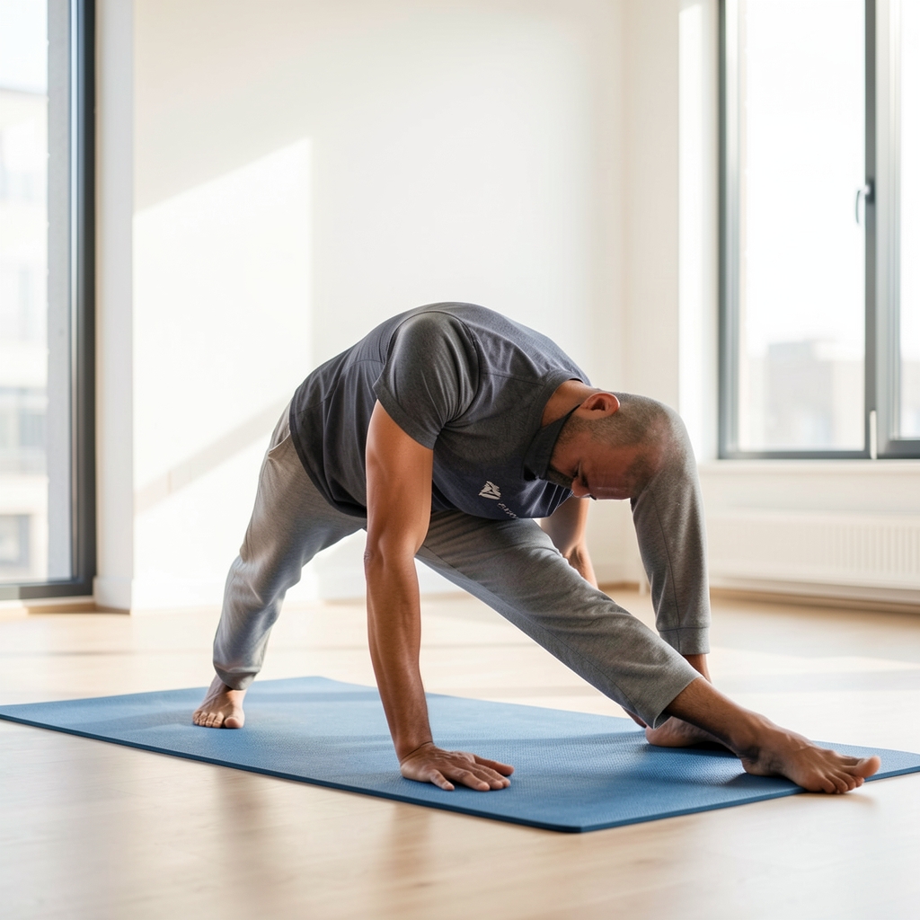 Man over 35 performing a controlled mobility sequence on a mat in a bright studio
