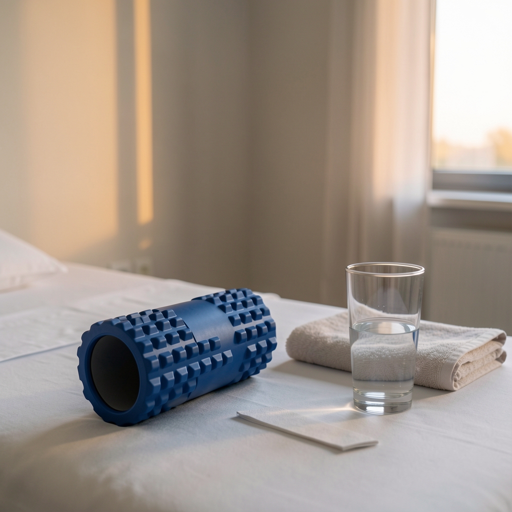 Quiet recovery room with foam roller, water glass, folded towel, and soft evening light
