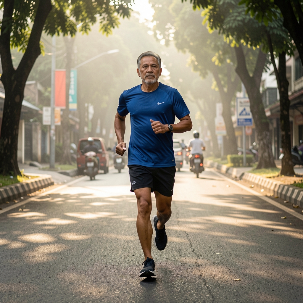 Mature male runner moving steadily along a shaded Jakarta road in the early morning