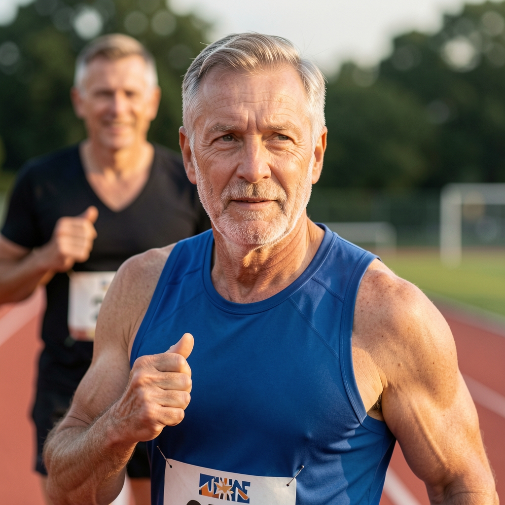 Mature male runner completing a controlled track interval session with a coach observing from the infield